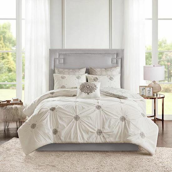 Madison Park Edna 6-Piece Reversible Cotton Comforter Set With Coordinating Pillows Gray Ivory