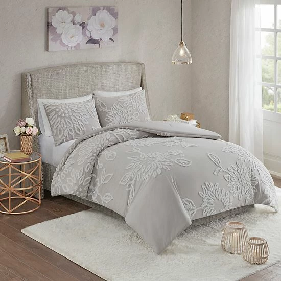 Madison Park Pansy 3-Piece Tufted Cotton Chenille Floral Comforter Set Gray - Image 3