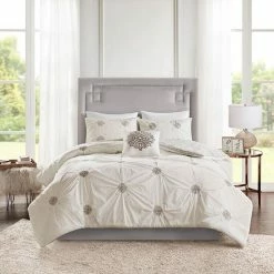 Madison Park Edna 4 Piece Embroidered Cotton Reversible Duvet Cover Set Gray Ivory
