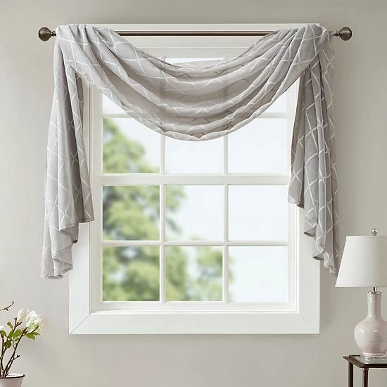 Madison Park Iris Diamond Sheer Embroidered Scarf Window Valance White