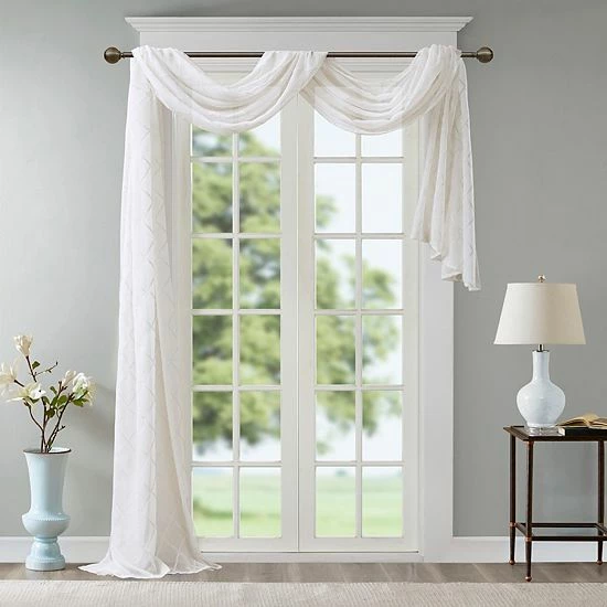 Madison Park Iris Diamond Sheer Embroidered Scarf Window Valance White - Image 3