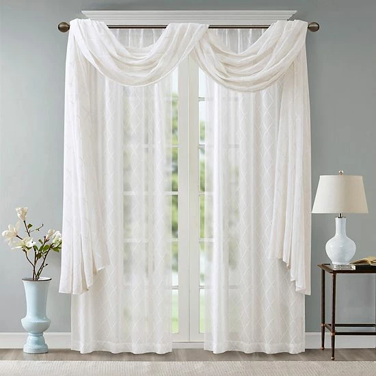 Madison Park Iris Diamond Sheer Embroidered Scarf Window Valance White - Image 4