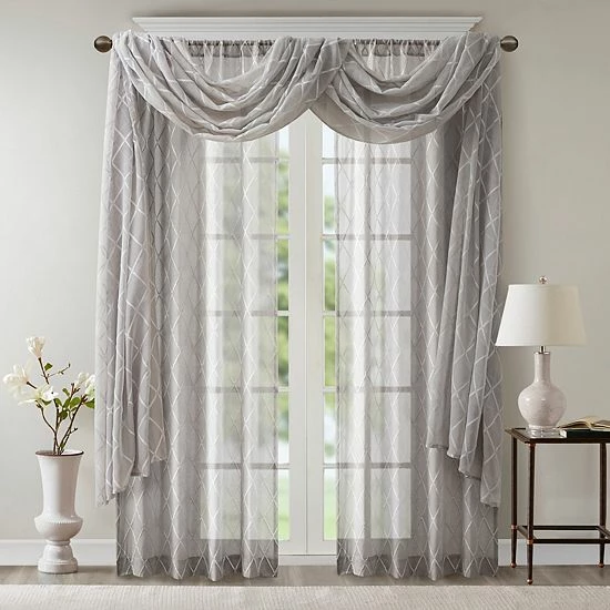 Madison Park Iris Diamond Sheer Embroidered Scarf Window Valance White - Image 5