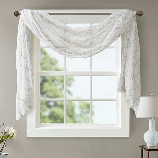 Madison Park Iris Diamond Sheer Embroidered Scarf Window Valance White - Image 9