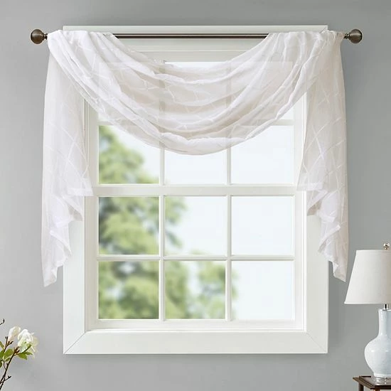 Madison Park Iris Diamond Sheer Embroidered Scarf Window Valance White - Image 12