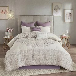 Madison Park Evelyn 8-piece Cotton Printed Reversible Comforter Set Purple Ivory