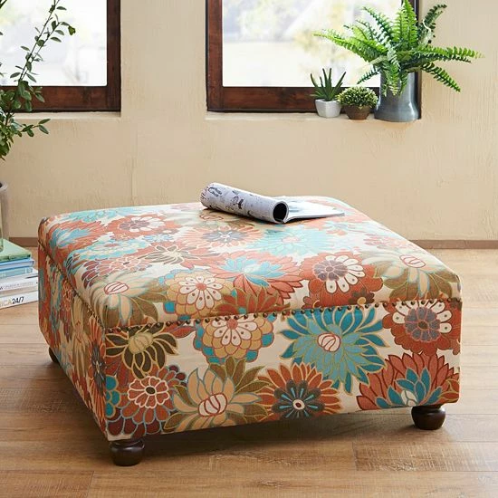 Madison Park Effie Cocktail Square Ottoman Orange Floral