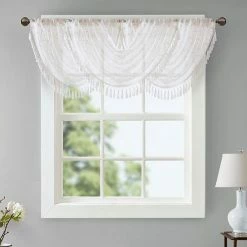 Madison Park Iris Diamond Sheer Embroidered Waterfall Window Valance Ivory