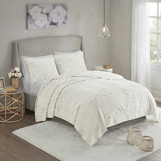 Madison Park Pansy Farmhouse 3-piece Tufted Cotton Chenille Floral Coverlet Set Off White - Image 3