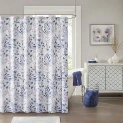 Madison Park Lyla Seersucker Botanical Print Shower Curtain Blush
