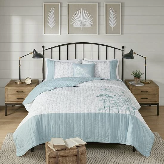 Madison Park Jolie Floral Embroidered Microfiber 4-piece Coverlet Set With Coordinating Pillow Blue