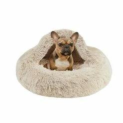 Madison Park Luna Plush Faux Fur Hooded Round Pet Bed Gray