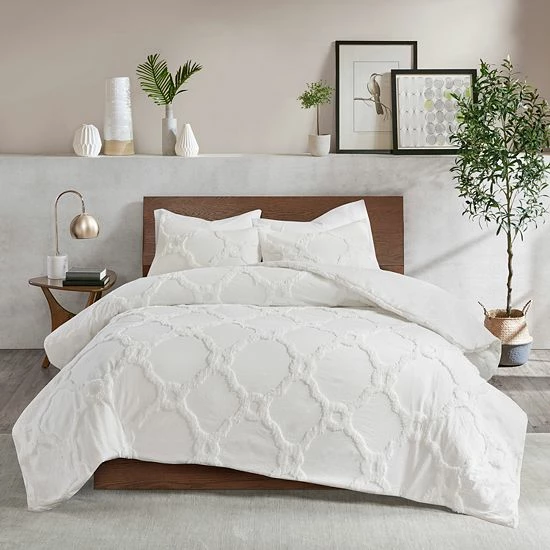 Madison Park Nollie Cotton Chenille Geometric 3-piece Duvet Cover Set White