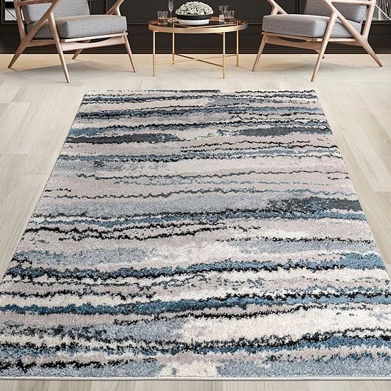 Madison Park Cadence Watercolor Abstract Stripe Woven Area Rug Blue Tan - Image 2