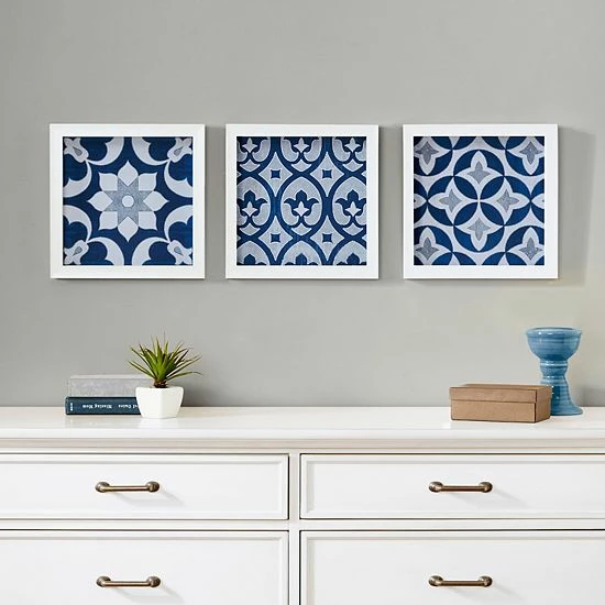 Madison Park Ornos Tile Paper Framed Wall Art 3-piece Set Navy - Image 3