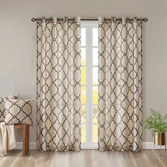 Madison Park 1-Panel Westmont Fretwork Print Light Filtering Window Curtain Gray - Image 15
