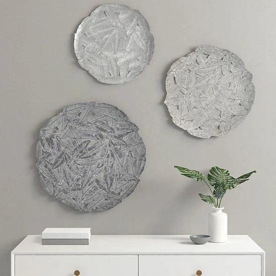 Madison Park Rosalie Feather Painted Round Iron Wall Decor 3-piece Set Gray - Image 2