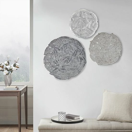 Madison Park Rosalie Feather Painted Round Iron Wall Decor 3-piece Set Gray - Image 3