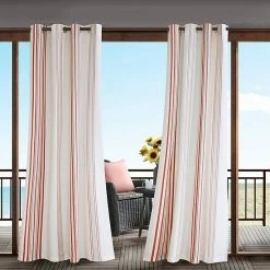 Madison Park 1-Panel Bolinas Stripe Light Filtering Outdoor Curtains Coral White