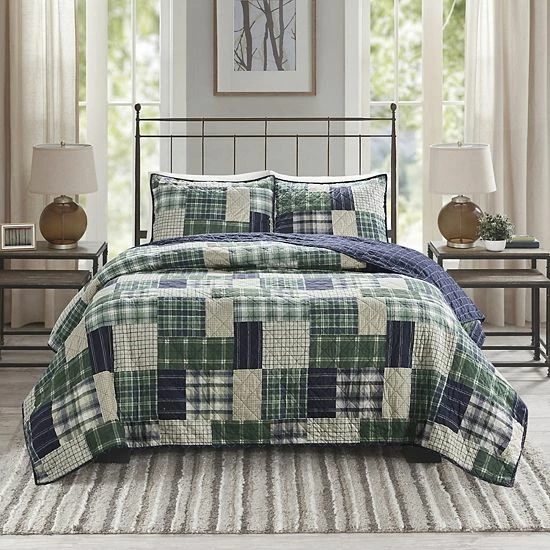 Madison Park Heavenly Reversible Printed Coverlet Set Green Navy - Image 10